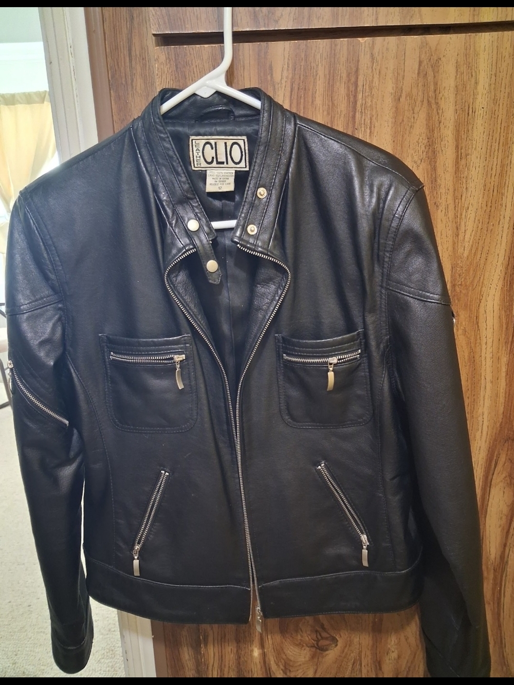 Clio Women's Black Leather Bomber Jacket with Zip Pockets